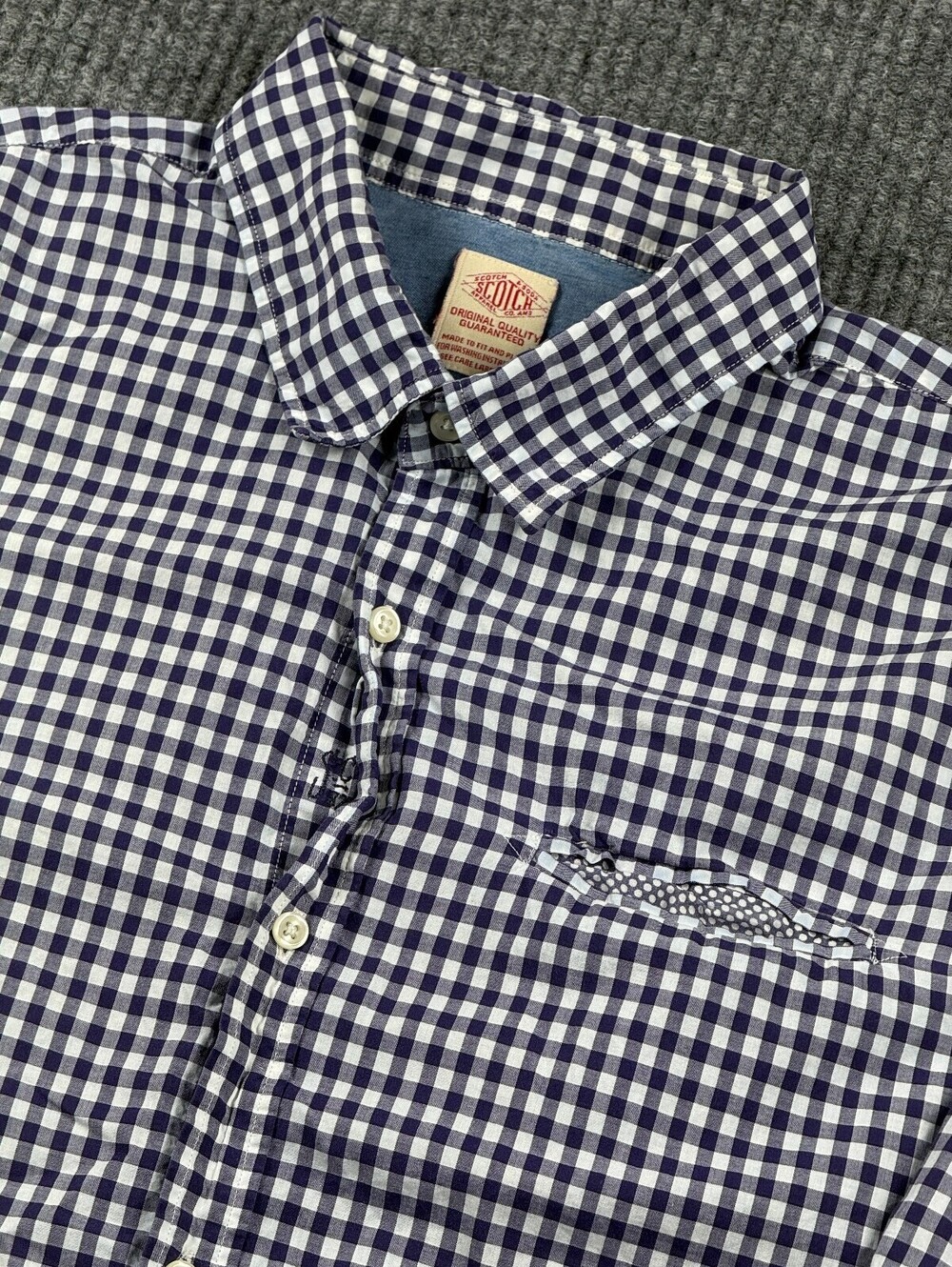 Scotch & Soda Long Sleeve Button Up Mens L Navy White Gingham Pocket Preppy